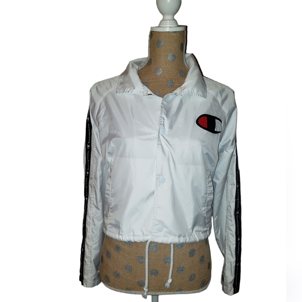 Champion Zipper Tape crop white cropped coaches jacket XS
